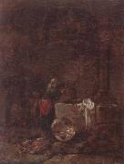 A woman drawing water from a well under an arcade
